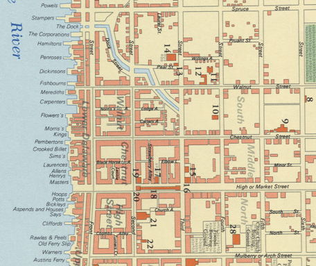 Map of Downtown Philadelphia showing places of worship during Continental Congress
